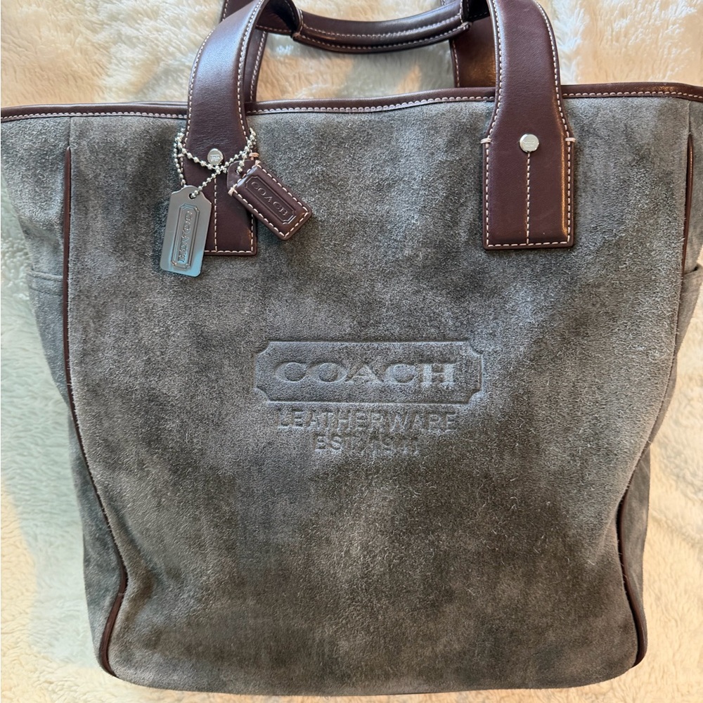 Coach Vintage Gray Suede-Brown Leather #5995 Tote 16.5x12.5 2003 - Picture 8 of 15